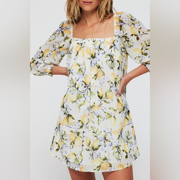 Hermoza Lina Cinched Mini Dress Size Medium Lemon Print Resort Beach Pool 11 - Picture 1 of 10